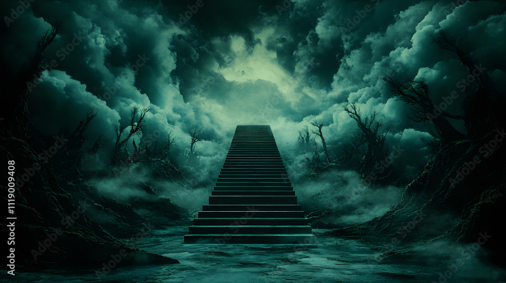 Poster An eerie staircase ascends through mist and dark clouds, illuminated by a ghostly light, creating a mysterious and otherworldly atmosphere
