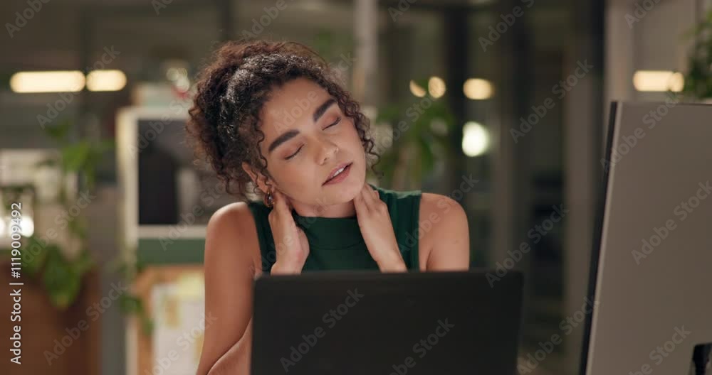Poster burnout, computer and neck pain with designer woman in office at night for project deadline. exhaust