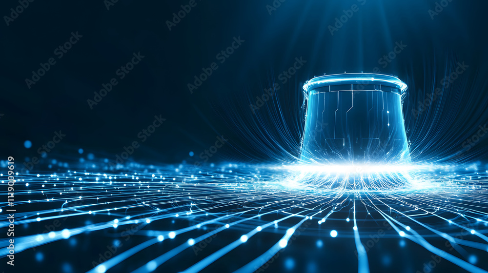 Poster A futuristic digital representation of a glowing container or jar, surrounded by radiant lines and particles, suggesting advanced technology or digital innovation