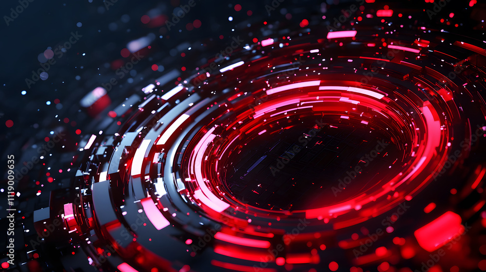 Poster a vibrant, abstract design featuring concentric circles in red tones, creating a dynamic, futuristic