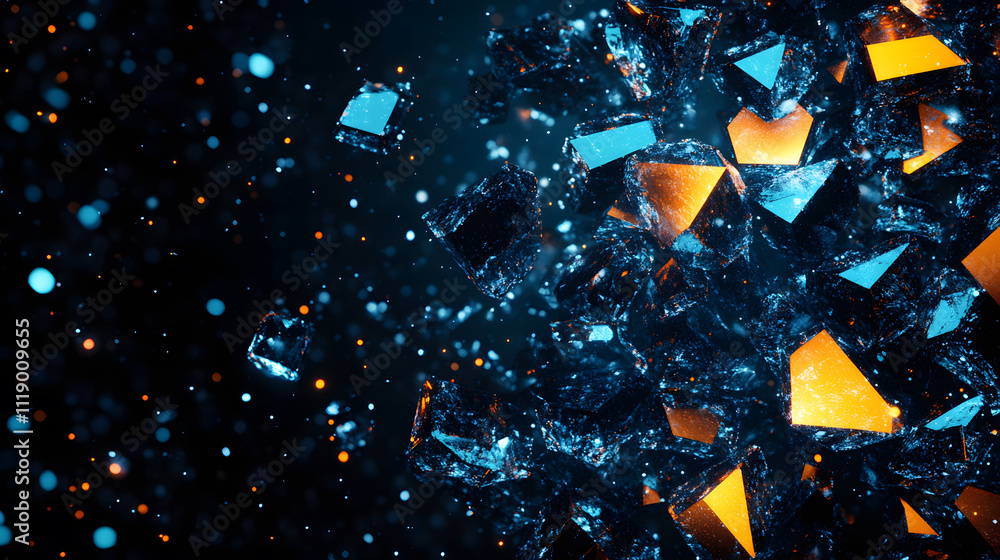Poster A vibrant composition of shattered geometric shapes in blue and orange against a dark backdrop, creating a sense of dynamic movement and depth