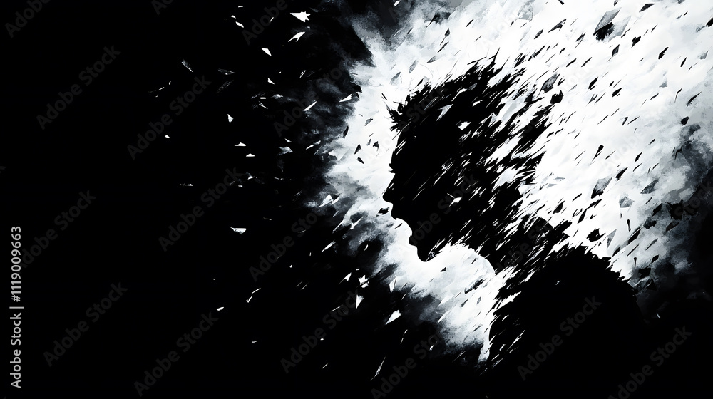 Aufkleber An abstract silhouette of a head surrounded by a chaotic burst of light and particles, creating a dramatic contrast between dark and bright elements