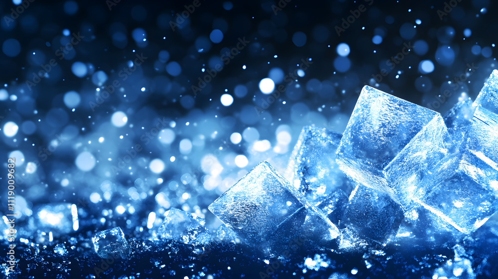 Poster A shimmering blue background with ice cubes scattered, creating a sparkling effect that evokes a sense of cold and freshness