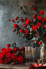 red roses and champagne glasses