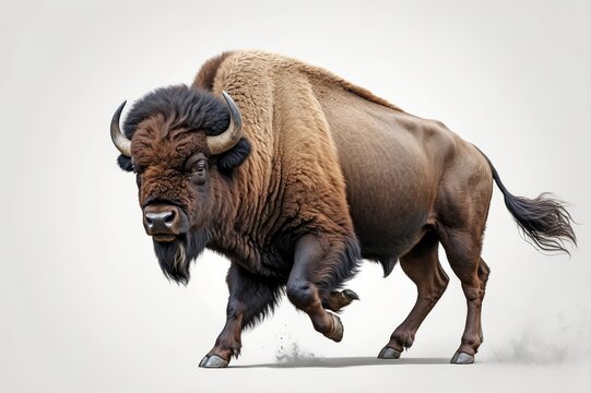 Powerful bison charging forward, isolated on white background.