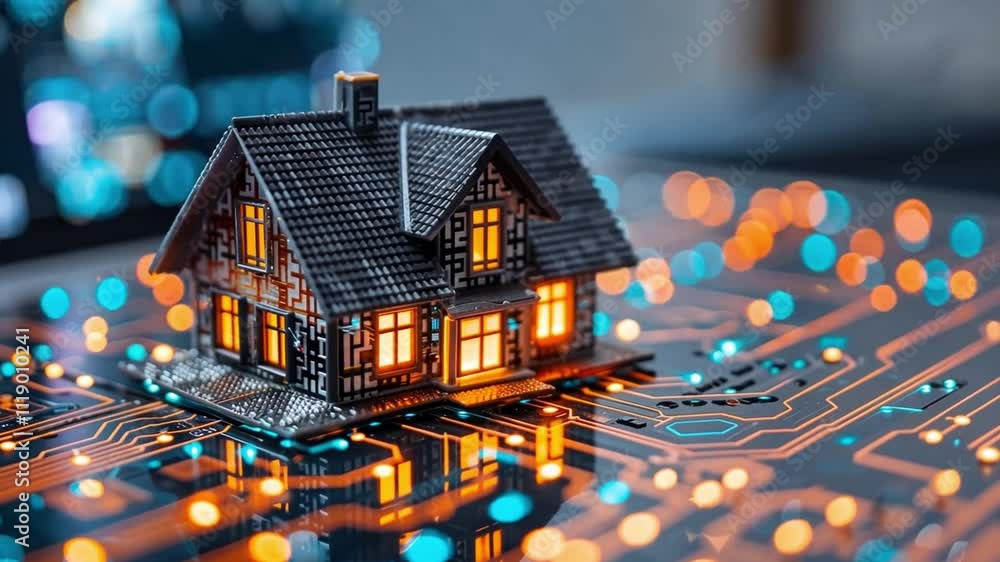 Poster this visual highlights a miniature house illuminated with warm lights, positioned on a colorful circ