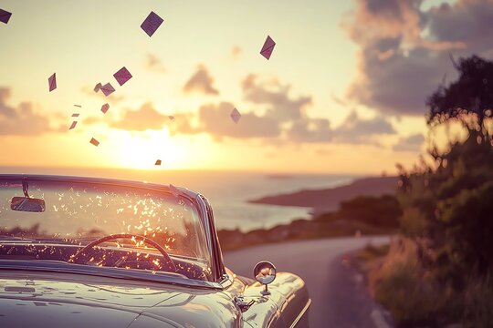 Romantic road trip along coastal highway, vintage convertible, sunset backdrop, love letters flying from car windows