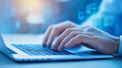 Hands typing on laptop keyboard with digital data visualizations