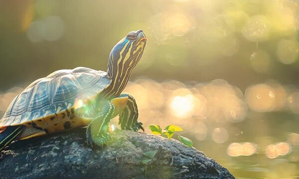 a turtle sunbathing on a rock
