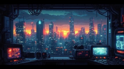 Futuristic Cyberpunk Cityscape Pixel Art Background for Retro Video Game Interface