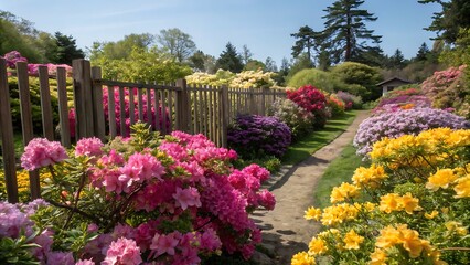 Fototapeta premium Scenic view of Keukenhof tulip garden in Lisse, Netherlands. Keukenhof is the most beautiful spring garden in the world. Beautiful ornamental garden, generative ai