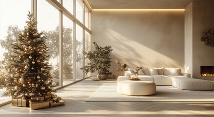 Minimalist Christmas Display with Golden and White Decorations on Pastel Background