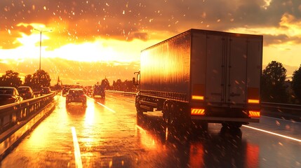 Semi-truck driving on a wet highway at sunset.