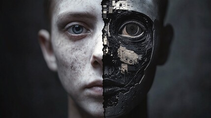 Artificial intelligence concept. Close up portrait of futuristic cyborg human.