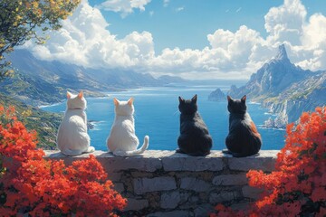 Serene Cat Family Overlooking the Ocean with Pink Flowers