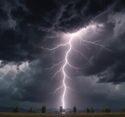 Vertical lightning bolt illuminates darkening stormy sky, brilliant, stormy, explosive