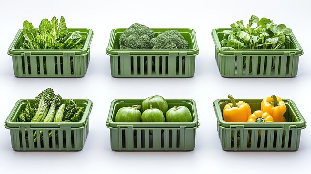 Set of green 3D plastic vegetable crates shown from multiple angles, isolated on a white background