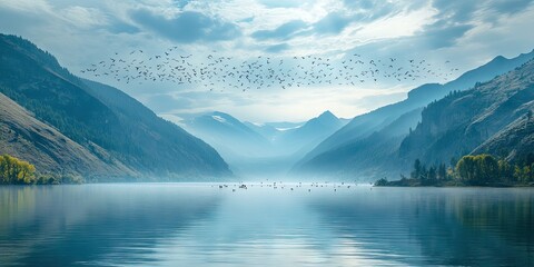A cinematic image of a flock of birds flying over a vibrant lake surrounded by layered mountain ranges, with deer or other wildlife visible along the lake's edge. 