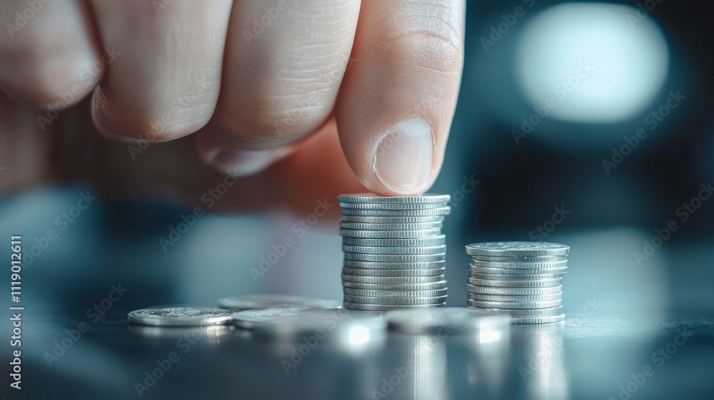 Poster stacking coins to create neat piles on a reflective surface