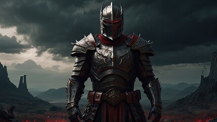 A fierce warrior clad in ornate dark armor stands resolute on a desolate terrain surrounded by dramatic clouds and vibrant red flowers as dusk settles
