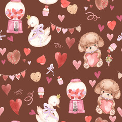 watercolor poodle, swan, heart seamless pattern illustration for kids
