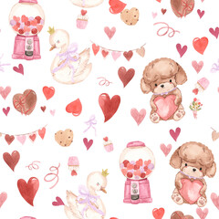 watercolor poodle, swan, heart seamless pattern illustration for kids
