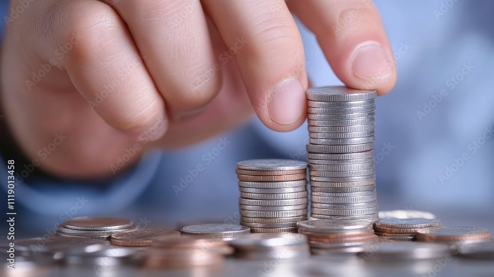 Poster stacking coins on a table to build a tower of wealth and savings
