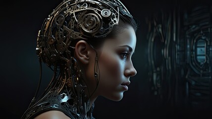 A female cyborg with a detailed metallic head and sleek design stands in a dark setting showcasing...