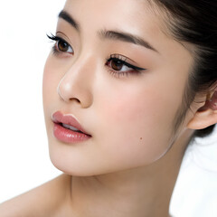 Fototapeta premium Close up tender lips of Beautiful Japanese girl with dark eyebrows, On white background