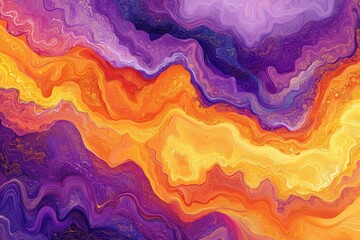 Abstract painting with vibrant orange, yellow, and purple flowing waves.