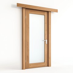 A sliding wooden bedroom door with a frosted glass insert, isolated on white background, representing sleek design, ideal for contemporary interior visuals