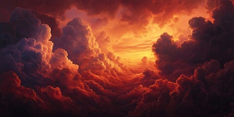 Fototapeta premium A close-up of textured clouds lit from behind by the setting sun, creating layers of deep orange, crimson, and purple. 