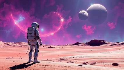 Exploring the Unknown: Astronaut on a Distant Planet with a Stunning Nebula and Moons