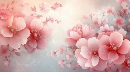 Fototapeta premium Vintage Watercolor Floral Background with Peonies and Cherry Blossoms for Scrapbooking and Crafting