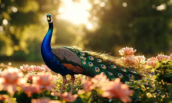 A vibrant peacock stands among blooming flowers, illuminated by soft sunlight.