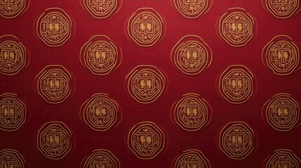 Red Fabric with Gold Embroidered Octagons Repeats Beautifully