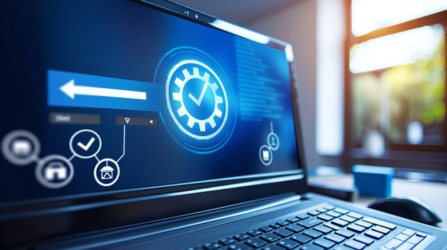 Close-up of computer screen showing software update notification with progress bar, blurred code and technical icons, symbolizing software maintenance and security.