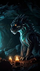 Dark Fantasy Dragon in Cave with Candles, Glowing Eyes, 3D Render, Digital Art
