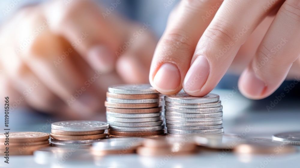 Poster focused hands organizing stacks of coins on a soft background