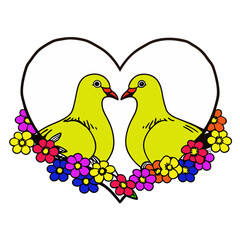 Pijeon-in-heart--whit-flower yellow-color-white-background