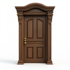A traditional wooden door with a brass handle, isolated on white background, representing elegance and strength, perfect for decorative branding