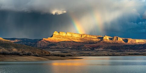 A dramatic scene of a rainbow breaking through dark, receding storm clouds, casting a soft glow over a mountain range and its adjacent lake. 