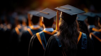 Students wearing black graduation caps seen from behind, with sunlight illuminating them and a blurred foreground