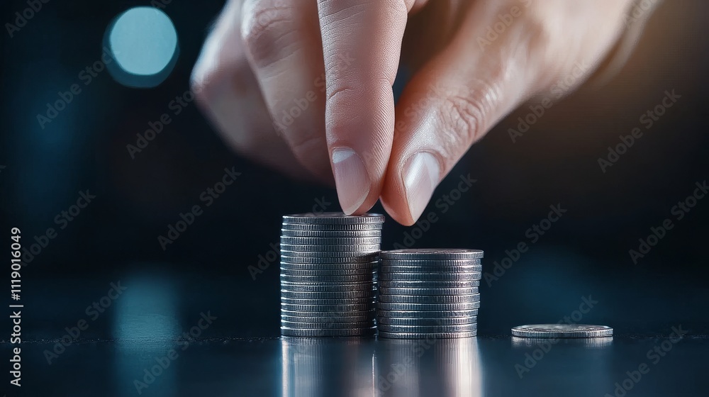 Poster hand stacking coins in a dark environment with bokeh background
