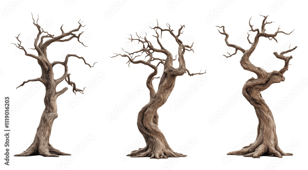 Poster ancient twisted trees with bare branches on transparent background, nature and art concept