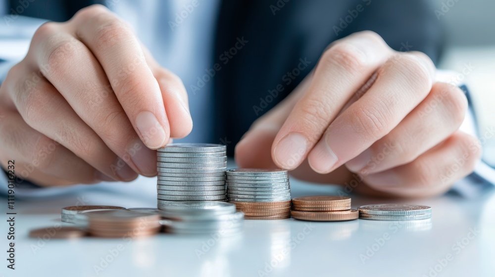 Poster hands counting money and stacking coins on a table surface