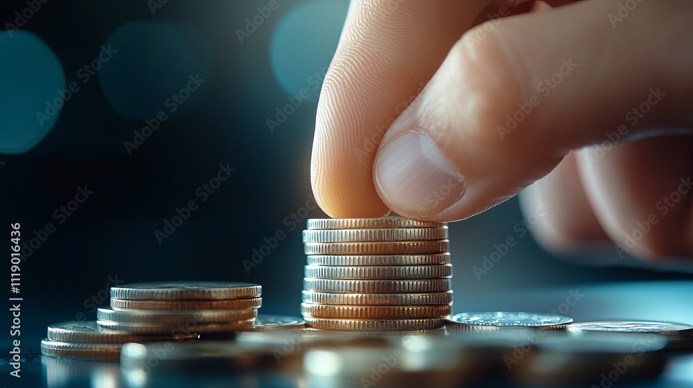 Poster hand stacking coins on a table creating a financial concept image