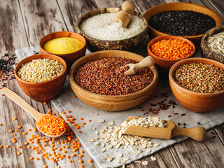 Mixed Grains and Cereals Lentils Rice Buckwheat Oatmeal Organic Healthy Vegan Protein Diet Nutrition