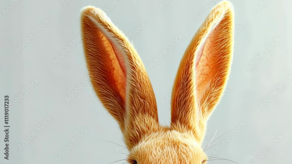 Poster cute rabbit with large ears looking directly at the viewer in a bright setting