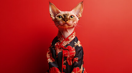 Cultural thematic event celebrating pets a chinese cat in traditional attire vibrant red background artistic portrait